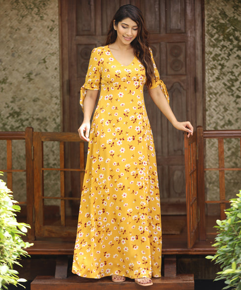 Vneck Sleeve Tie Printed Maxi Dress